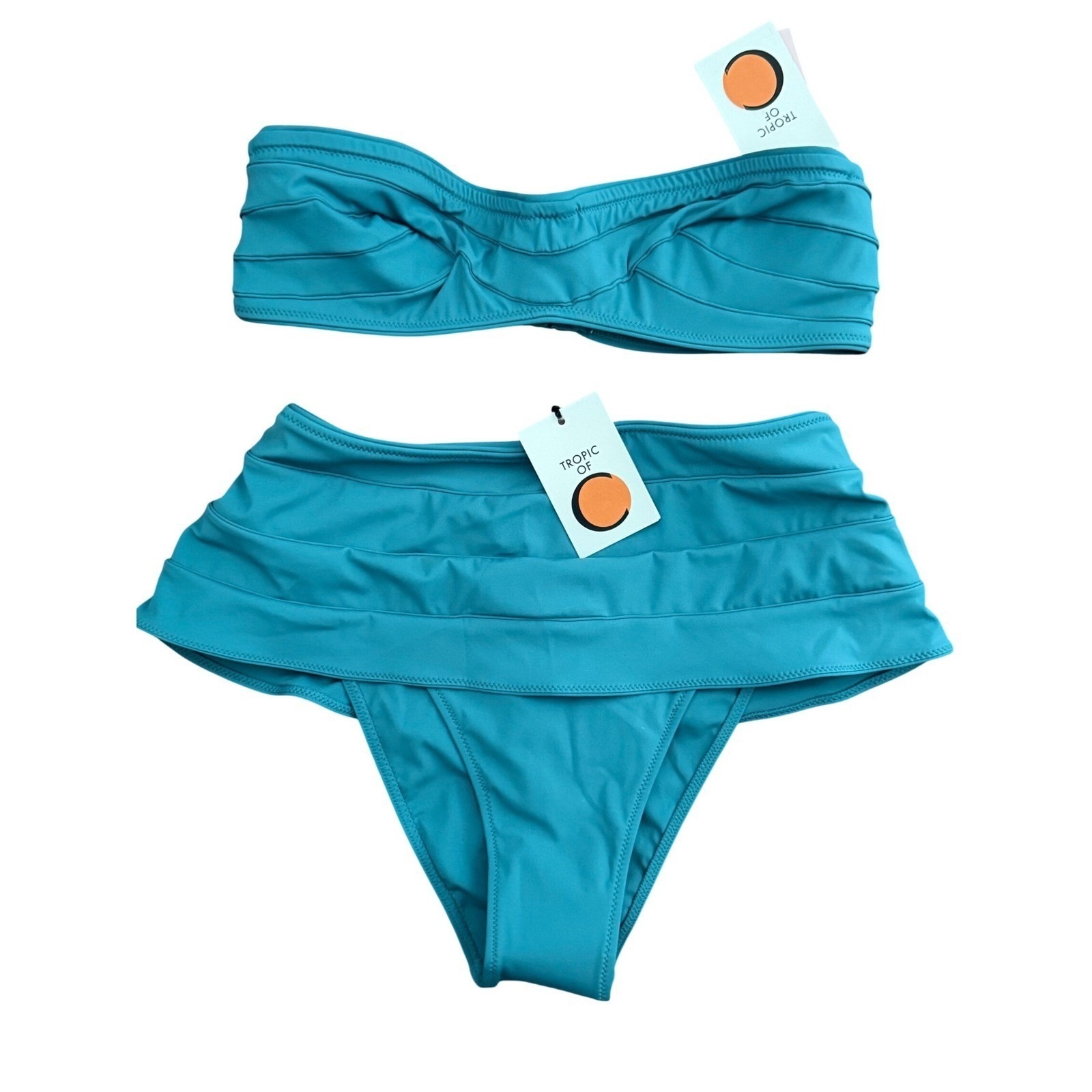 Tropic Of C Deco Teal Blue Bandeau High Waist Bikini Set S New Resortwear